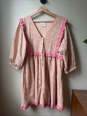 Cottagecore Pink Floral Dress with Gingham Trim